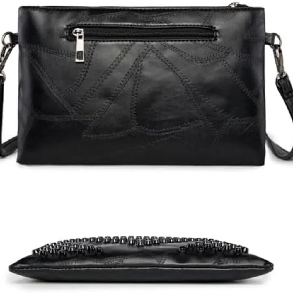 Women Clutch Bag Gothic Punk PU Leather Studded Crossbody Wristlet Evening